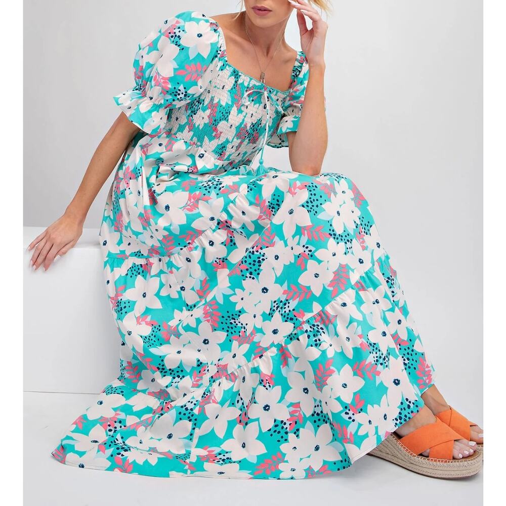 Easel/Pink Blush Aqua Floral Puff Sleeve Maternity Cotton Maxi Dress w/ Pockets
